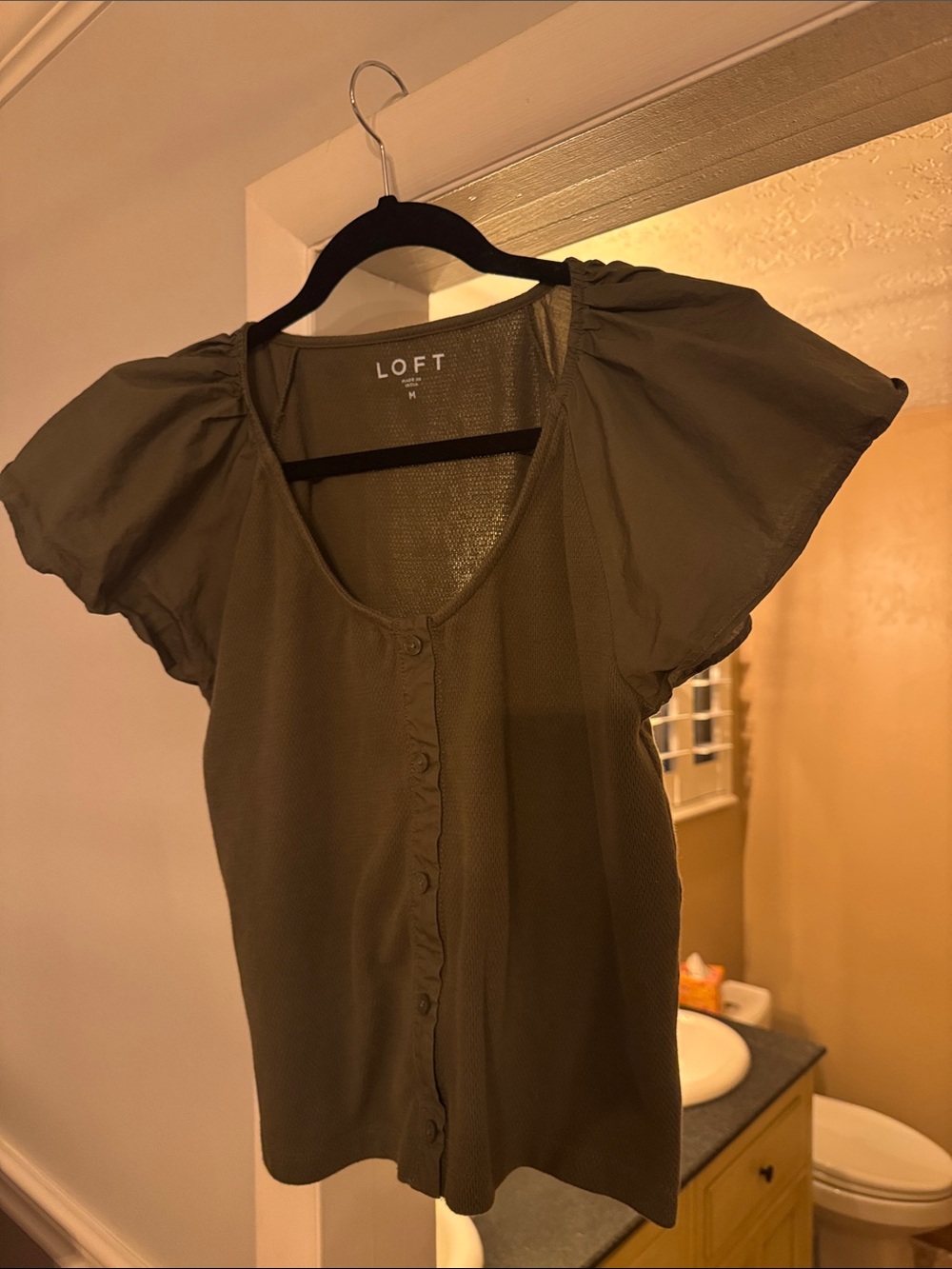 LOFT Olive Green Flutter Sleeve Button-Front Blouse